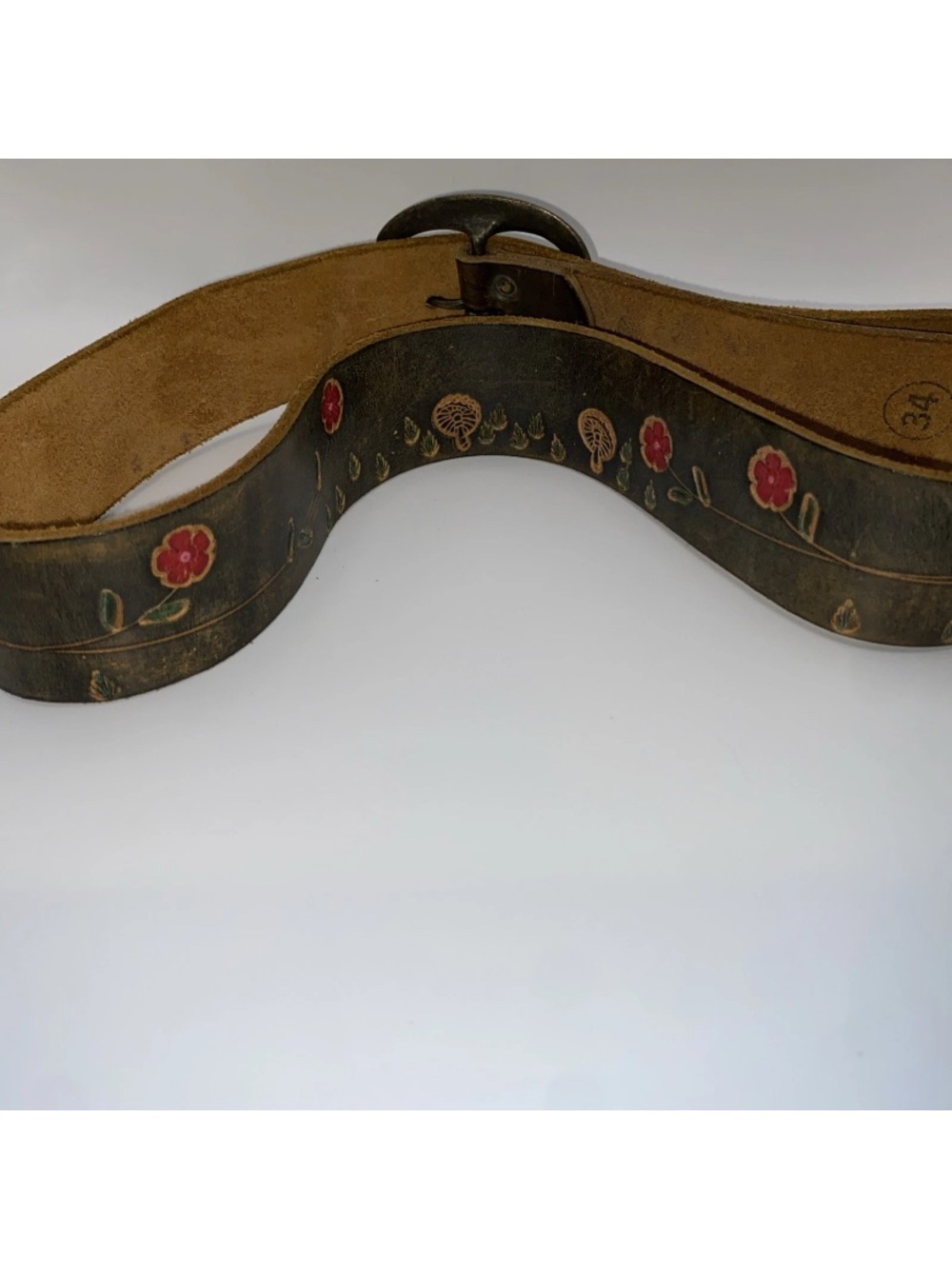 Vintage TYCHIOS LEATHER Belt-Brass Buckle-Hand Tooled/Painted-SZ 34-Portland, OR - Picture 3 of 9